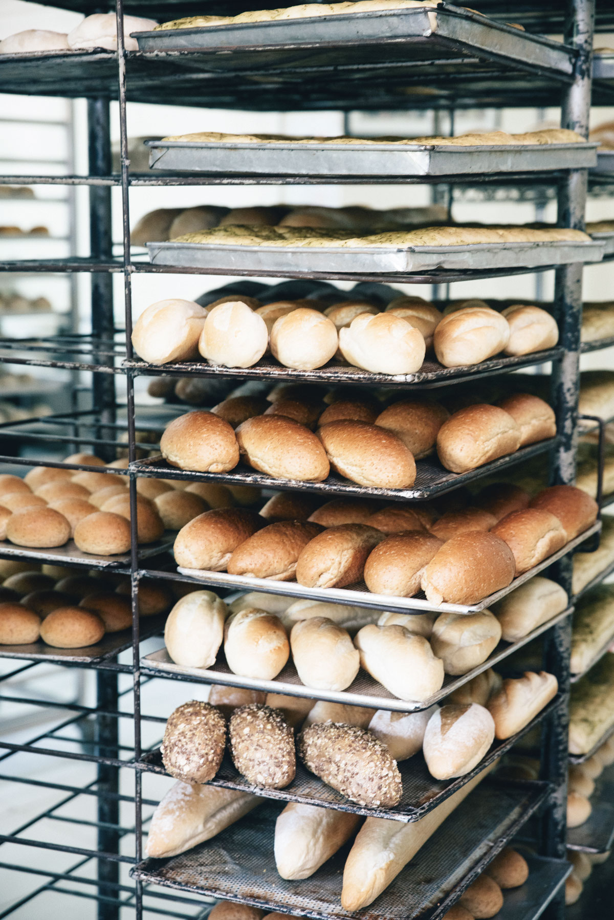Racks of just baked bread cooling at Food Garage