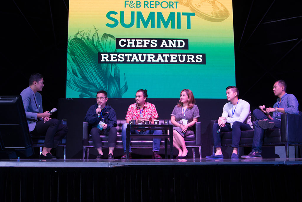 The chefs and restaurateurs panel of the 2018 F&B Report Summit consists of Your Local's Nicco Santos, Raintree Group's Kalel Chan, The Experience Collective's Isabel Lozano, Manila Creamery's Jason Go, and El Union Coffee's Sly Samonte