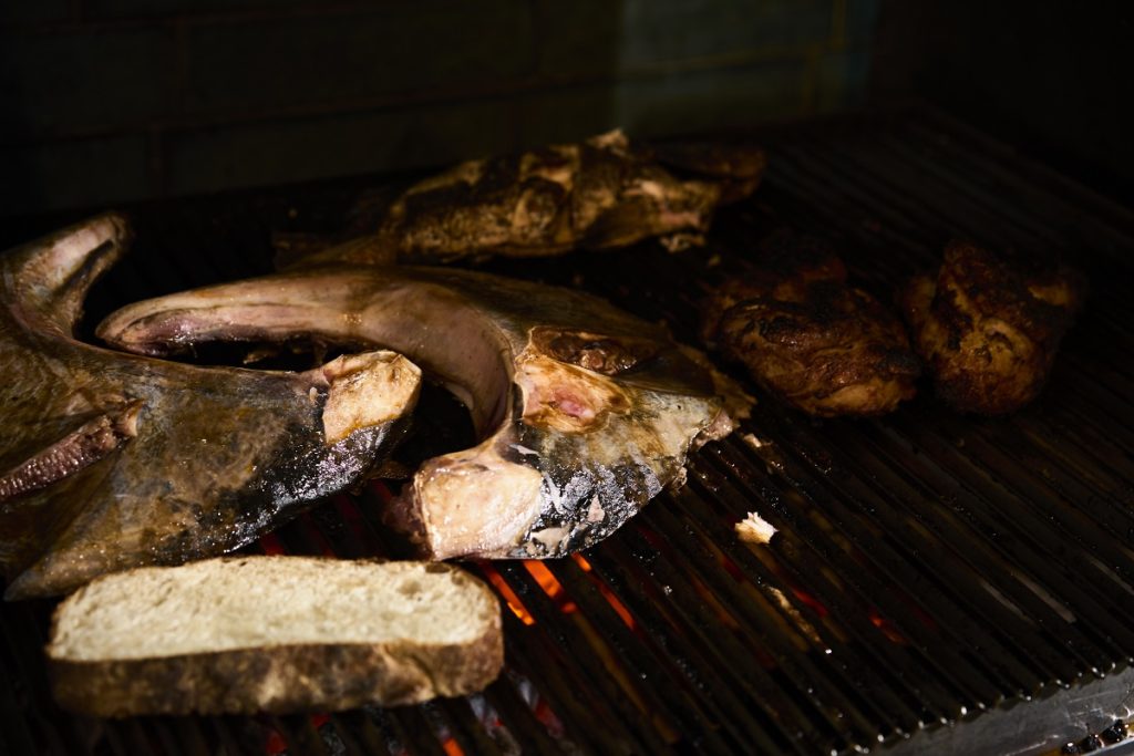 On the Savage grill: sourdough bread, tuna jaw, barramundi