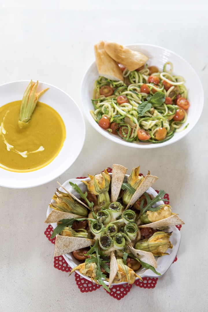 Karen's Kitchen's version of food as medicine: aglio-olio zucchini, squash soup, and baked stuffed squash blossoms