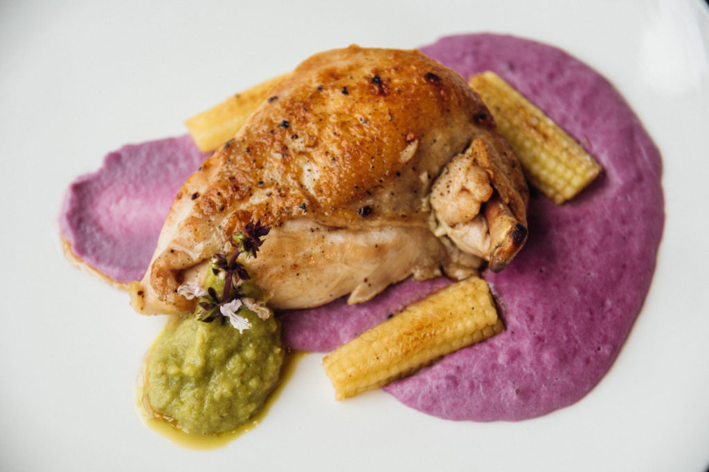 Silayan's 69° sous vide chicken with mashed ube and pepper sauce