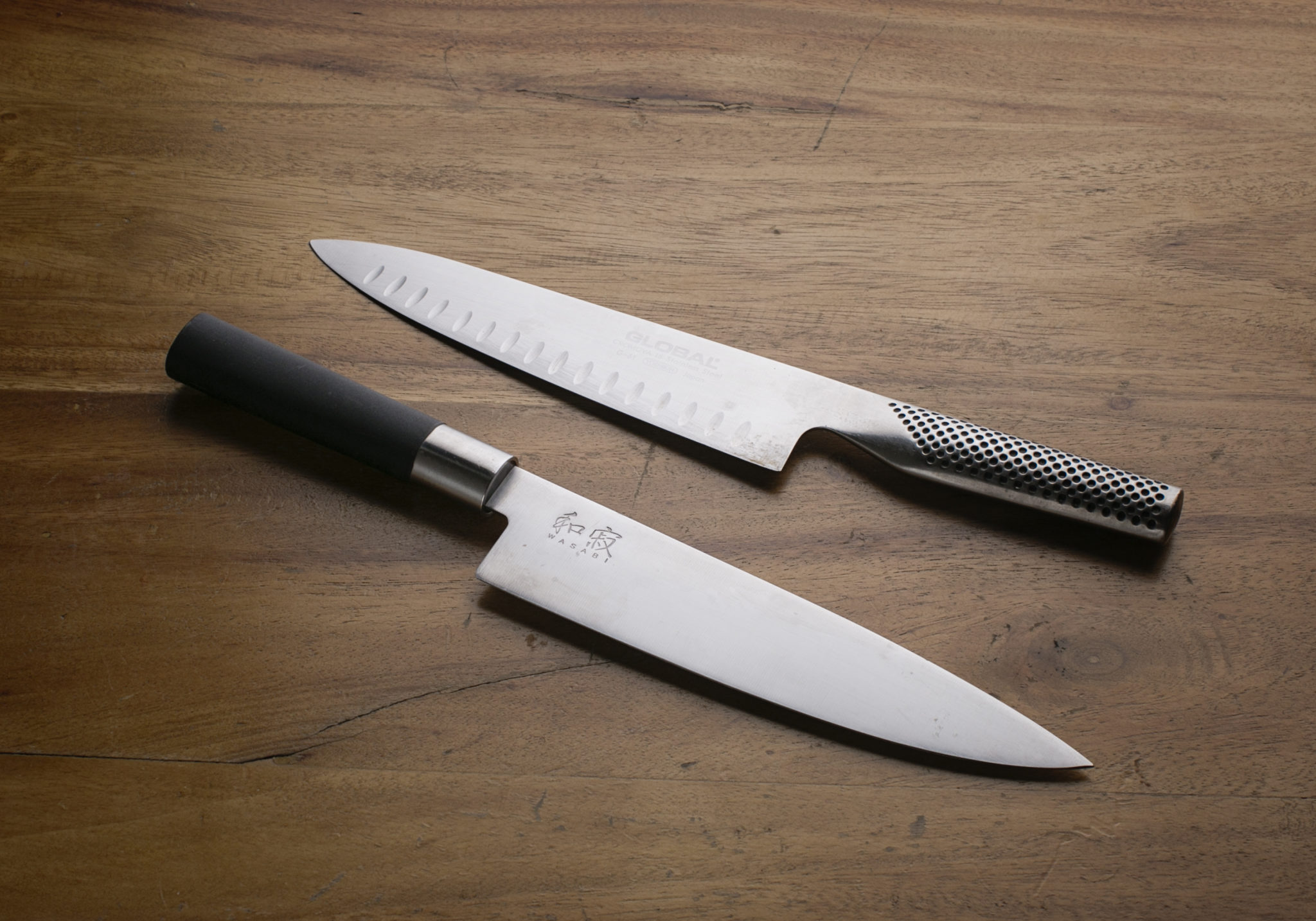 Francis Lims knives: Wasabi chef's knife (left) and Global chef's knife