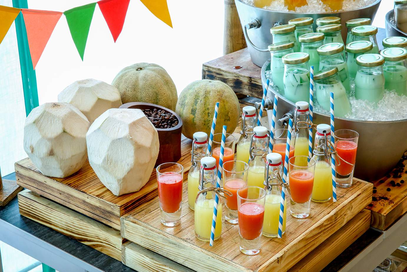Fresh juices and sodas complement the Sunday brunch