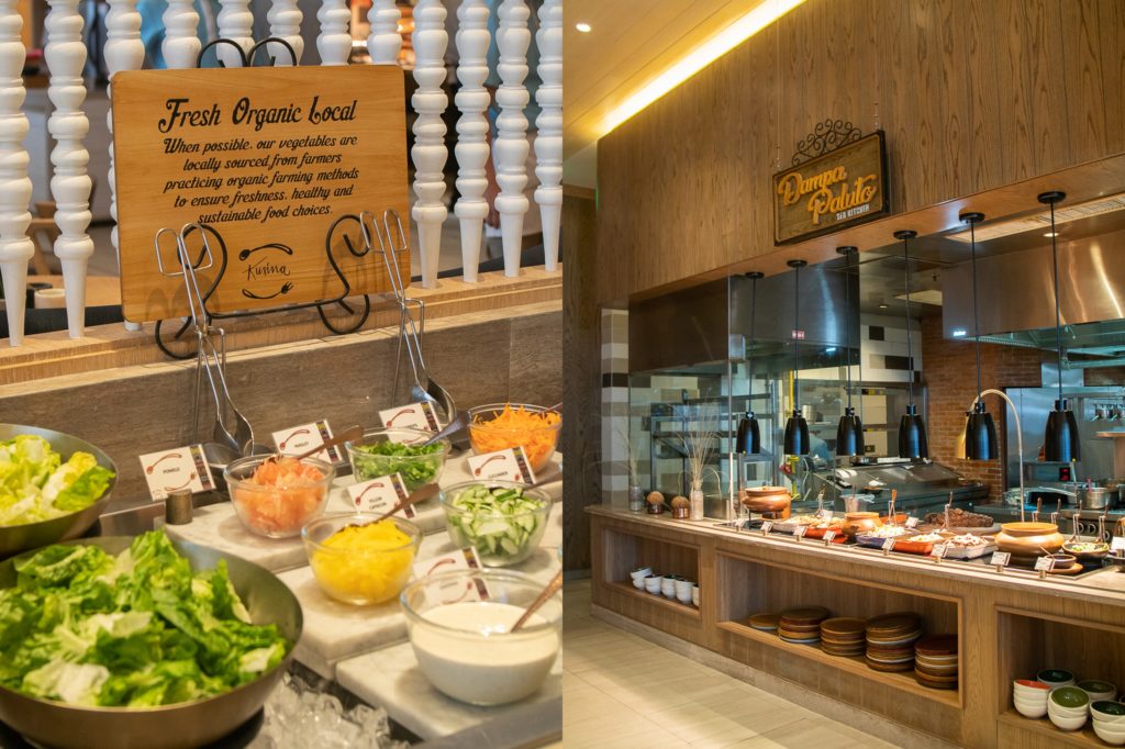 The buffet includes several sections such as the Salad Bar, which serves fresh products sourced from local farmers, and the Dampa Paluto or sea kitchen