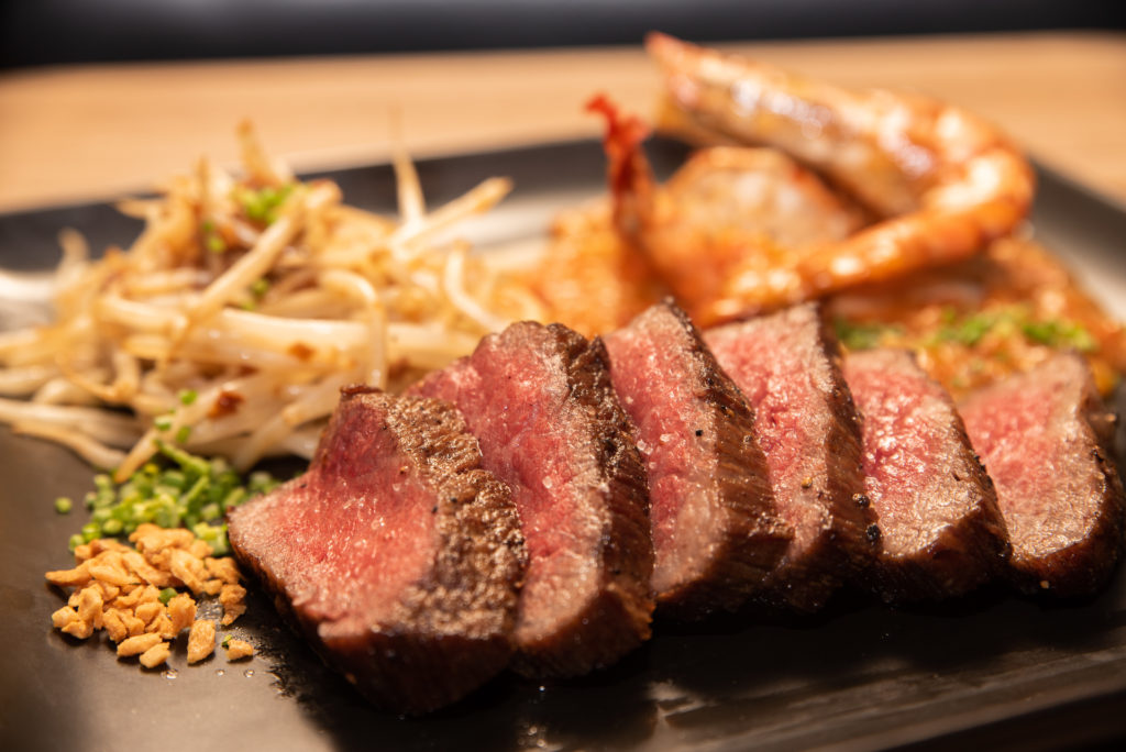Beef and reef with seared Miyazaki wagyu steak and fried prawns and scallops