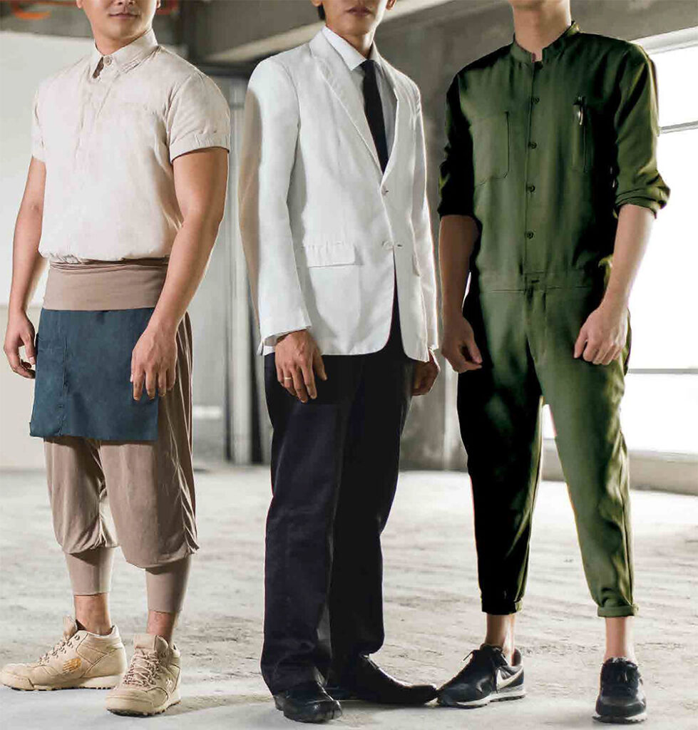 From left: Waitstaff uniforms from M Café, Lusso, and Adaäm & Yves