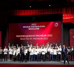 Chefs celebrate on stage during the Michelin Guide 2022 award ceremony in Moscow, Russia