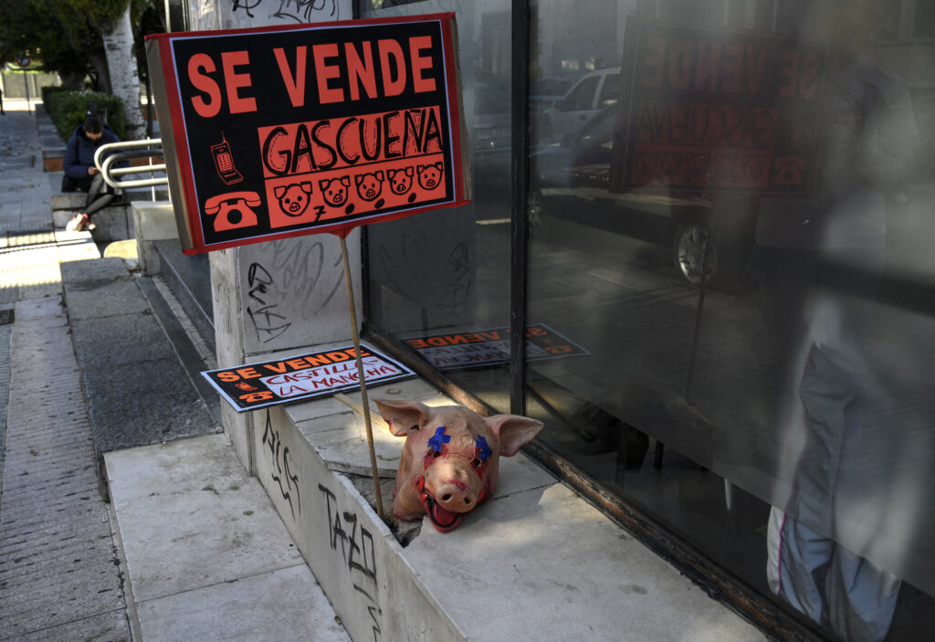 This photograph shows a pig mask and signs on a bench during a demonstration