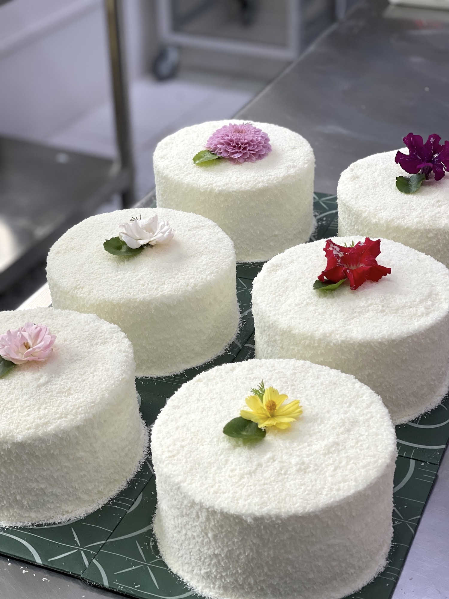 Buko pandan chiffon cakes with edible florals