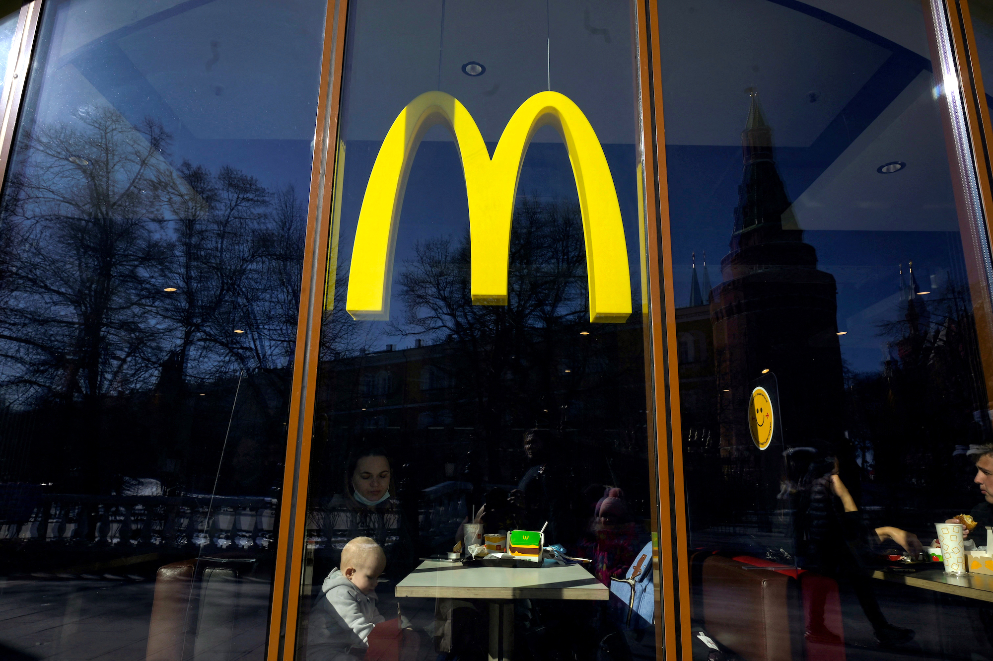 People have lunch at a McDonald's fast food restaurant in central Moscow on March 9, 2022