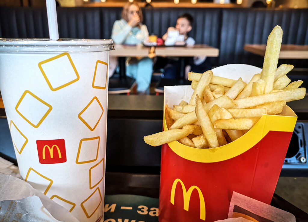 People have a lunch in a McDonald's restaurant in Moscow