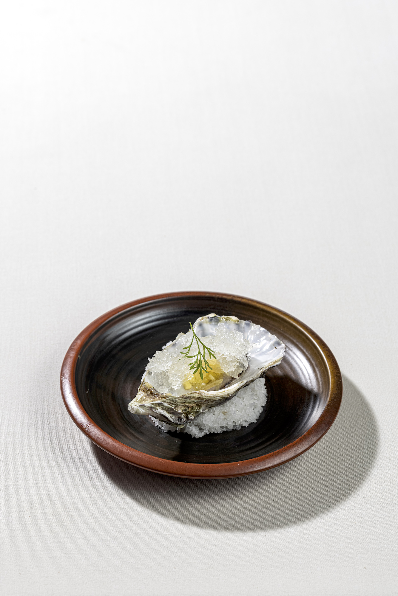 Oyster: prosecco granite, lemon confit, ginger, and pineapple