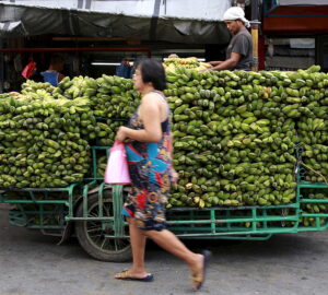 A woman walks past a worker unloading bananas from a motorcycle cab, which will be delivered to a nearby wet market, in Manila