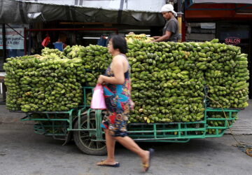 A woman walks past a worker unloading bananas from a motorcycle cab, which will be delivered to a nearby wet market, in Manila