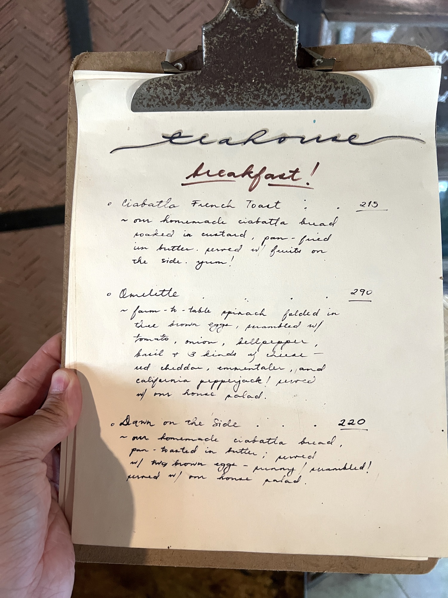 The menu features calligraphy handwritten by Coral herself