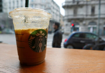 A drink infused with extra virgin olive oil is displayed at a Starbucks cafe in Milan, Italy