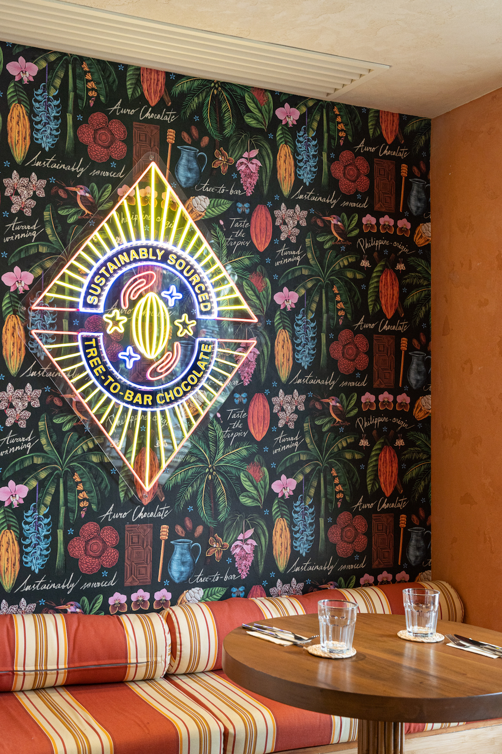 Bold prints, patterns, and colors dominate the entire Auro Chocolate Cafe