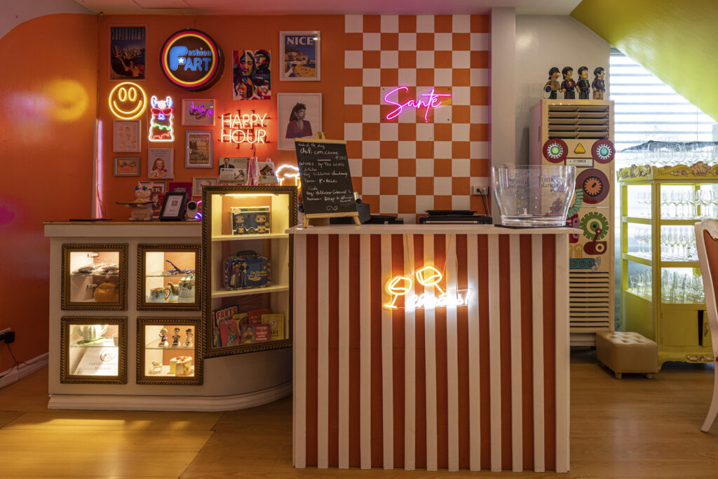 From neon signage to checks and stripes, this retro section of H&T Wine Gallery is a main attraction