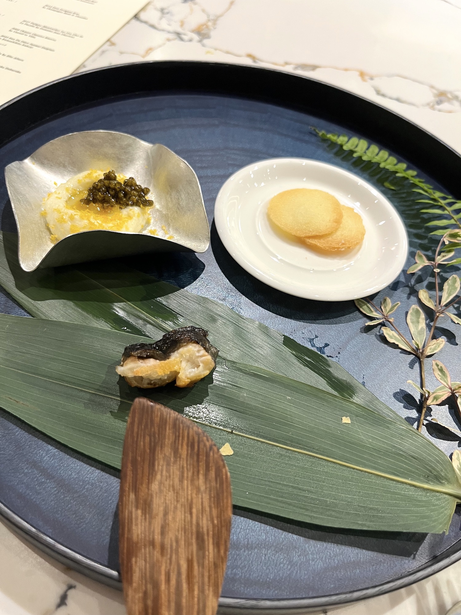 Smoked mascarpone, ginger oil, house-cured bottarga, "unagi" shirayaki, lengua de gato