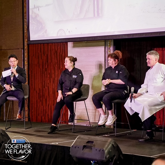 On stage for the Flavor Forecast session: Host RJ Ledesma, McCormick Philippines dynamic innovations and culinary team manager and chef Tenten Casasola, McCormick Culinary’s chef Michelle Zammit, and The Grand Hyatt Manila’s executive chef Mark Hagan