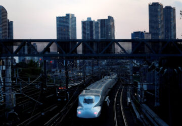 FILE PHOTO: A Shinkansen bullet train heads into downtown Tokyo, Japan, April 20, 2021. Picture taken April 20, 2021. REUTERS/Kim Kyung-Hoon/File Photo