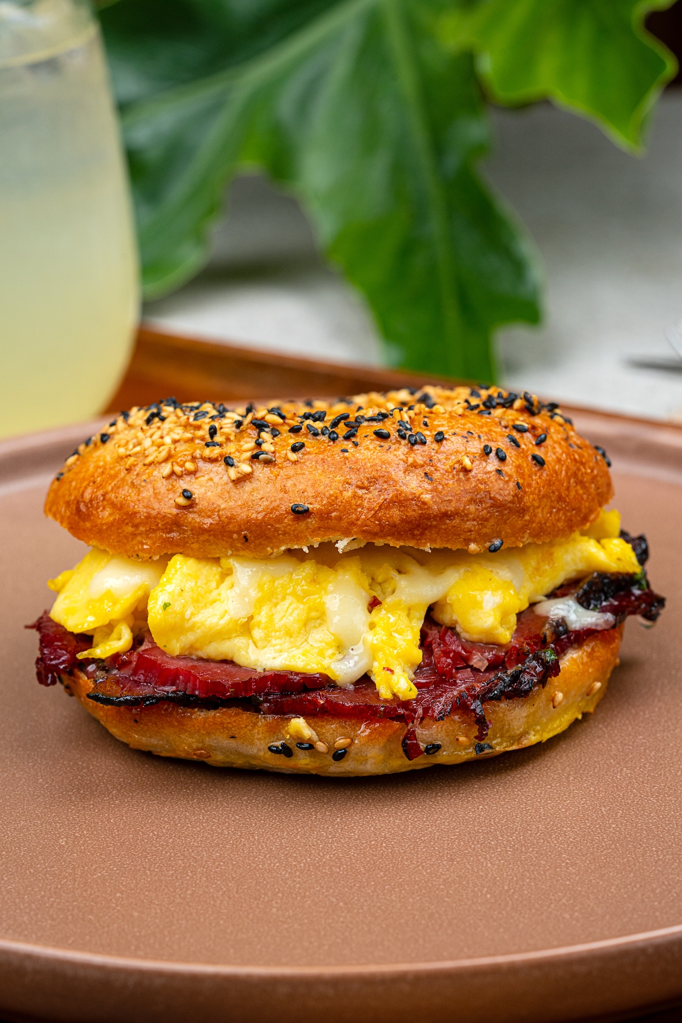 Pastrami egg and cheese bagel